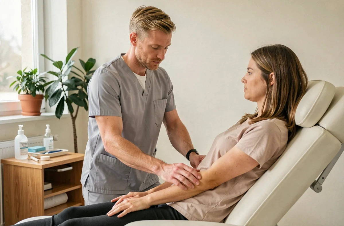 Kinésithérapeute homme réalisant un drainage lymphatique manuel sur une patiente à Sarcelles