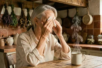 Femme mature appliquant une compresse de tisane de camomille sur ses yeux fatigués dans une cuisine rustique