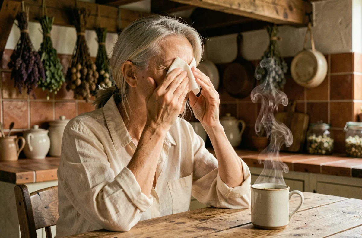 Femme mature appliquant une compresse de tisane de camomille sur ses yeux fatigués dans une cuisine rustique