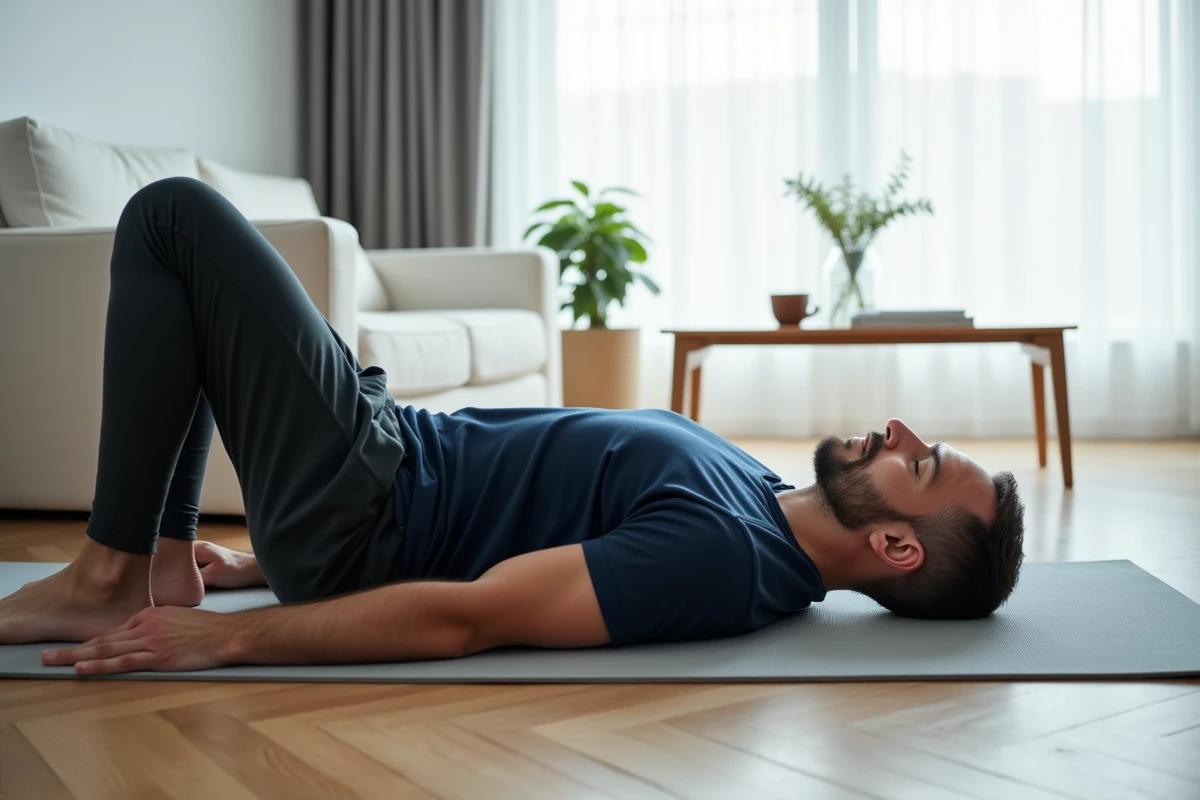 Homme allongé sur un tapis de yoga effectuant une torsion vertébrale pour relâcher le dos contracté