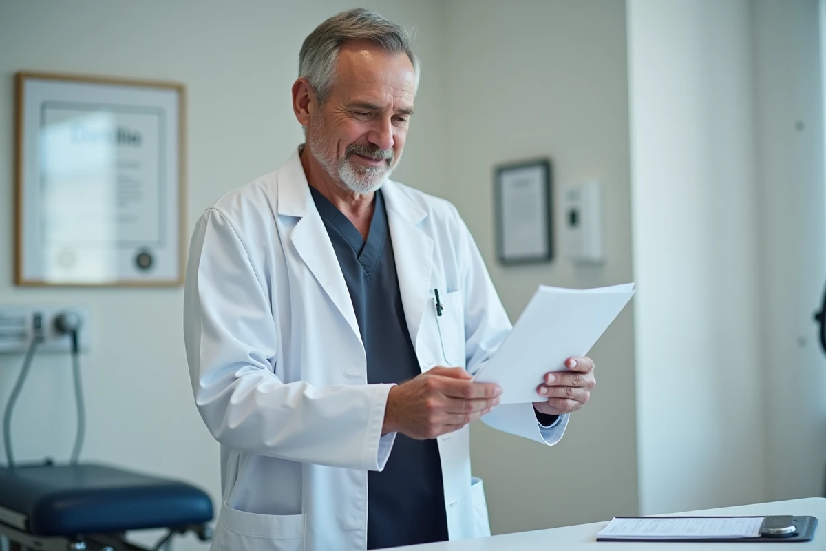 Urologue homme en blouse blanche examinant un dossier médical dans son cabinet de consultation